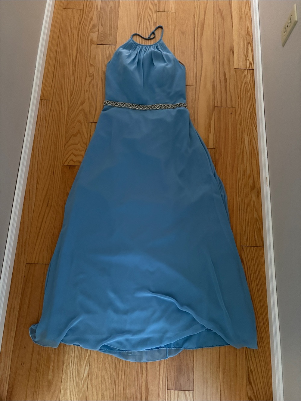 After Six Sky Blue Halter Maxi Dress with Beaded Waist
